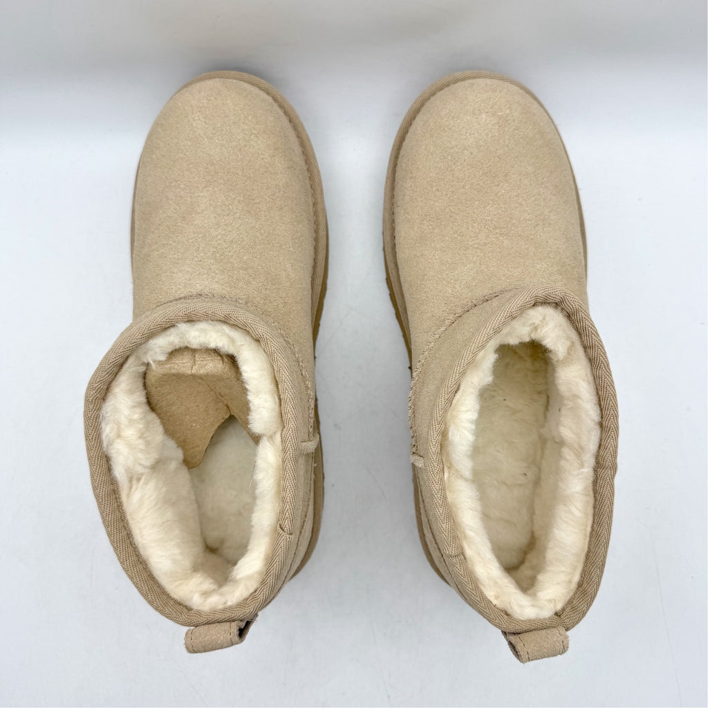 UGG Women Classic Ultra Mini Platform Boot US 5 Sand Suede Fur Plush Lining NWOB