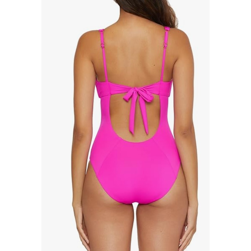 BECCA Women's Color Code V-Wire One Piece Swimsuit Large Vivid Pink Stretch NWT