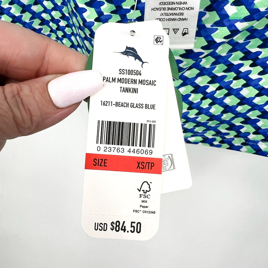 TOMMY BAHAMA Mosaic Pool Ring Tankini Top XS Beach Glass Blue Palm Modern NWT