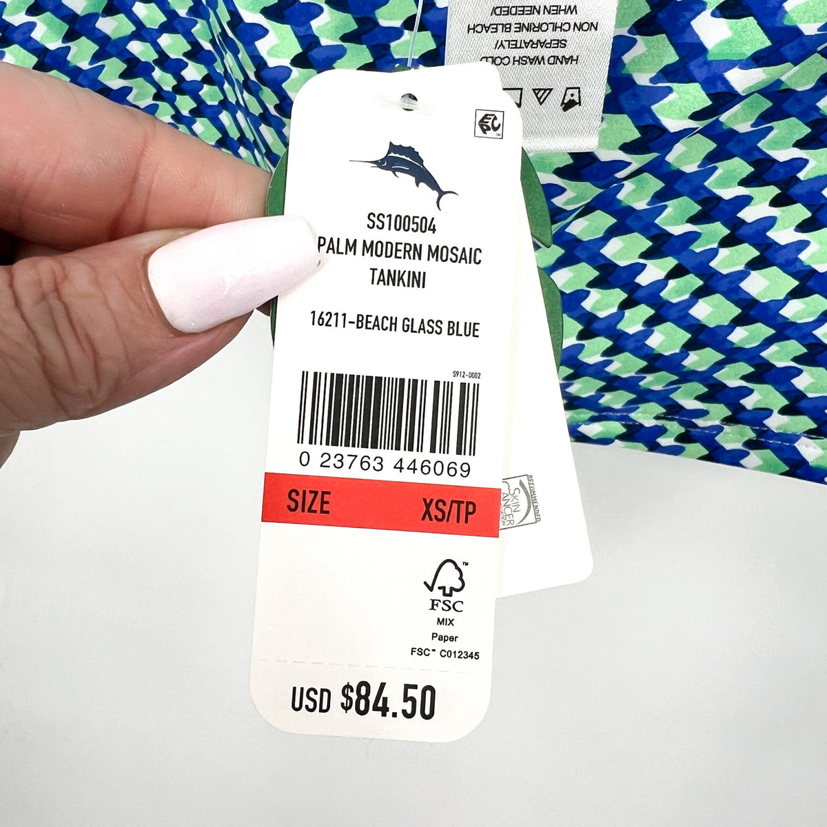 TOMMY BAHAMA Mosaic Pool Ring Tankini Top XS Beach Glass Blue Palm Modern NWT