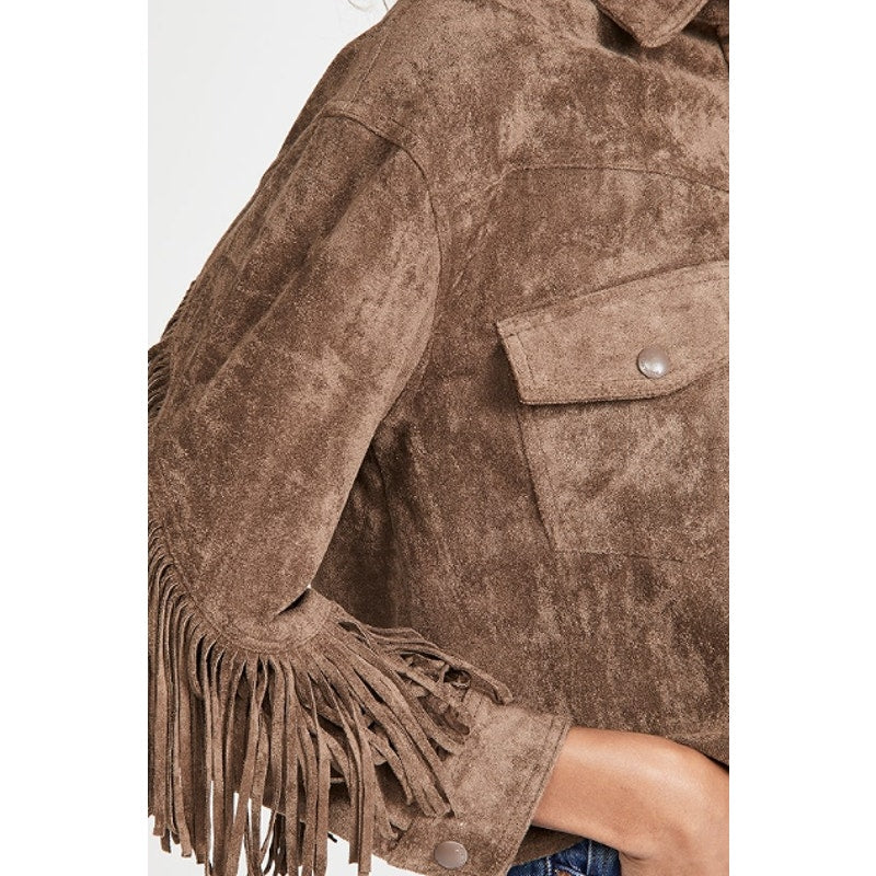 BLANKNYC Women's Faux Suede Fringe Jacket Medium Brown Hot Cocoa Long Sleeve NWT