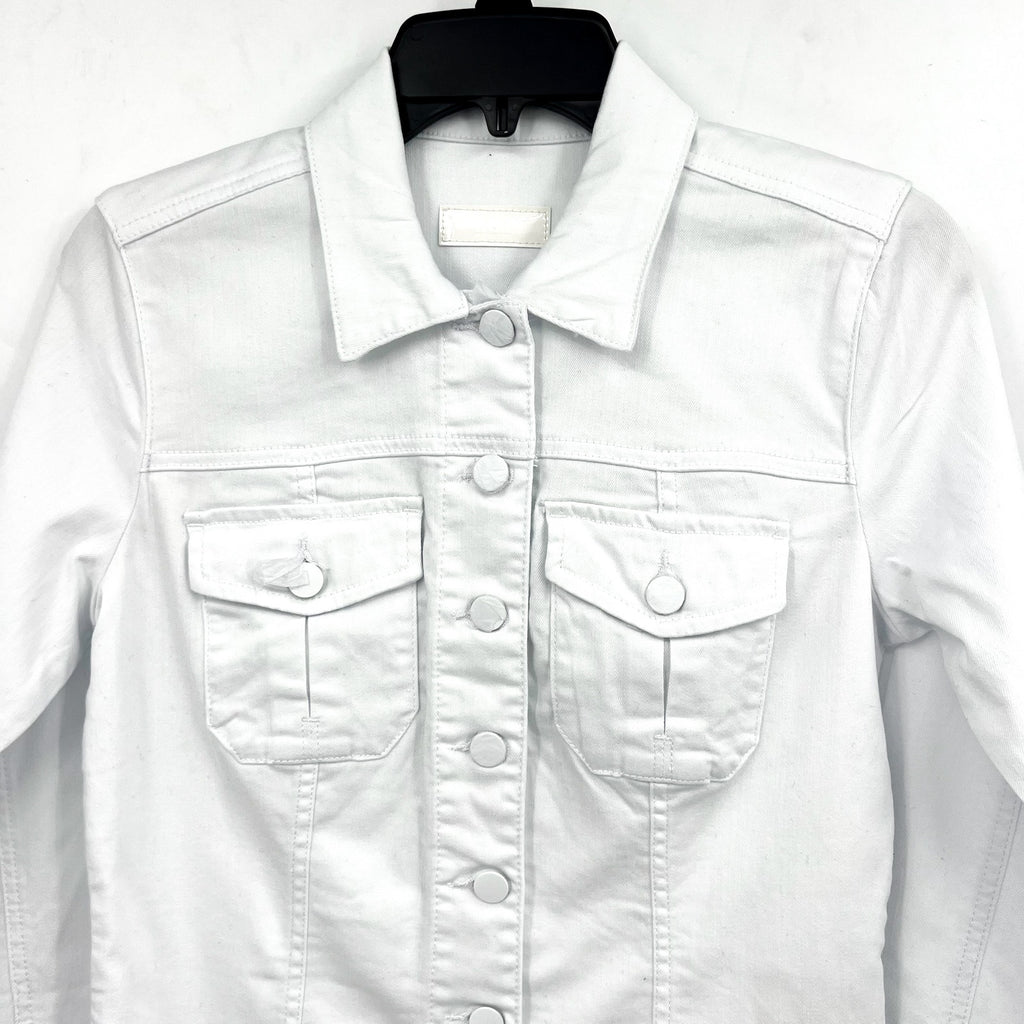 KUT FROM THE KLOTH Kara Frayed Denim Trucker Jacket Small Optic White NWOT