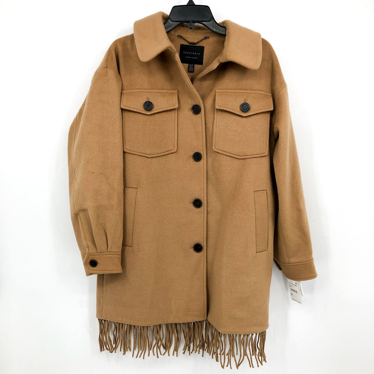 Sanctuary Womens Fringe Coat Size XS Tan Camel Wool Blend NWT