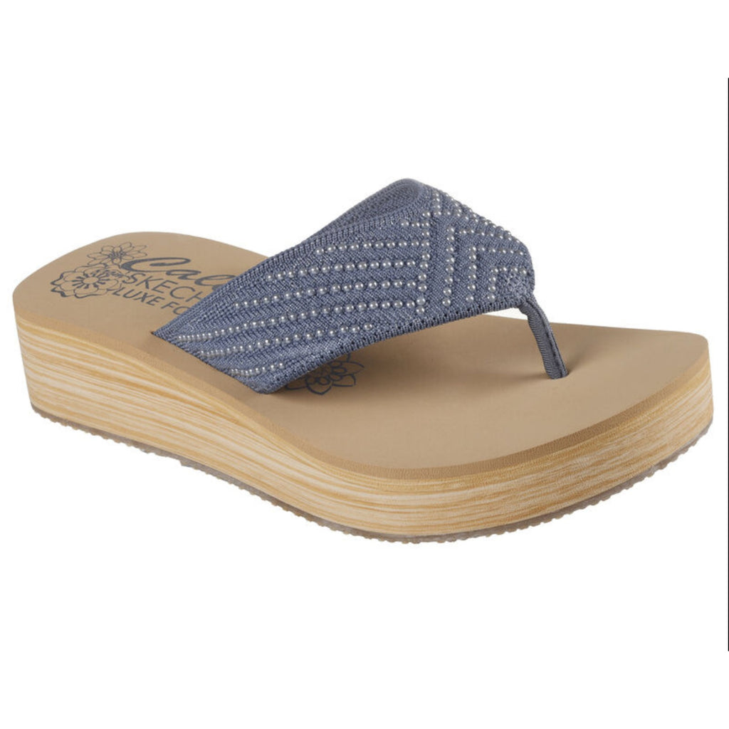 Skechers Women's Summers Mid Wedge Thong Sandals Size 9 EU 39 Slate Blue Tan NIB