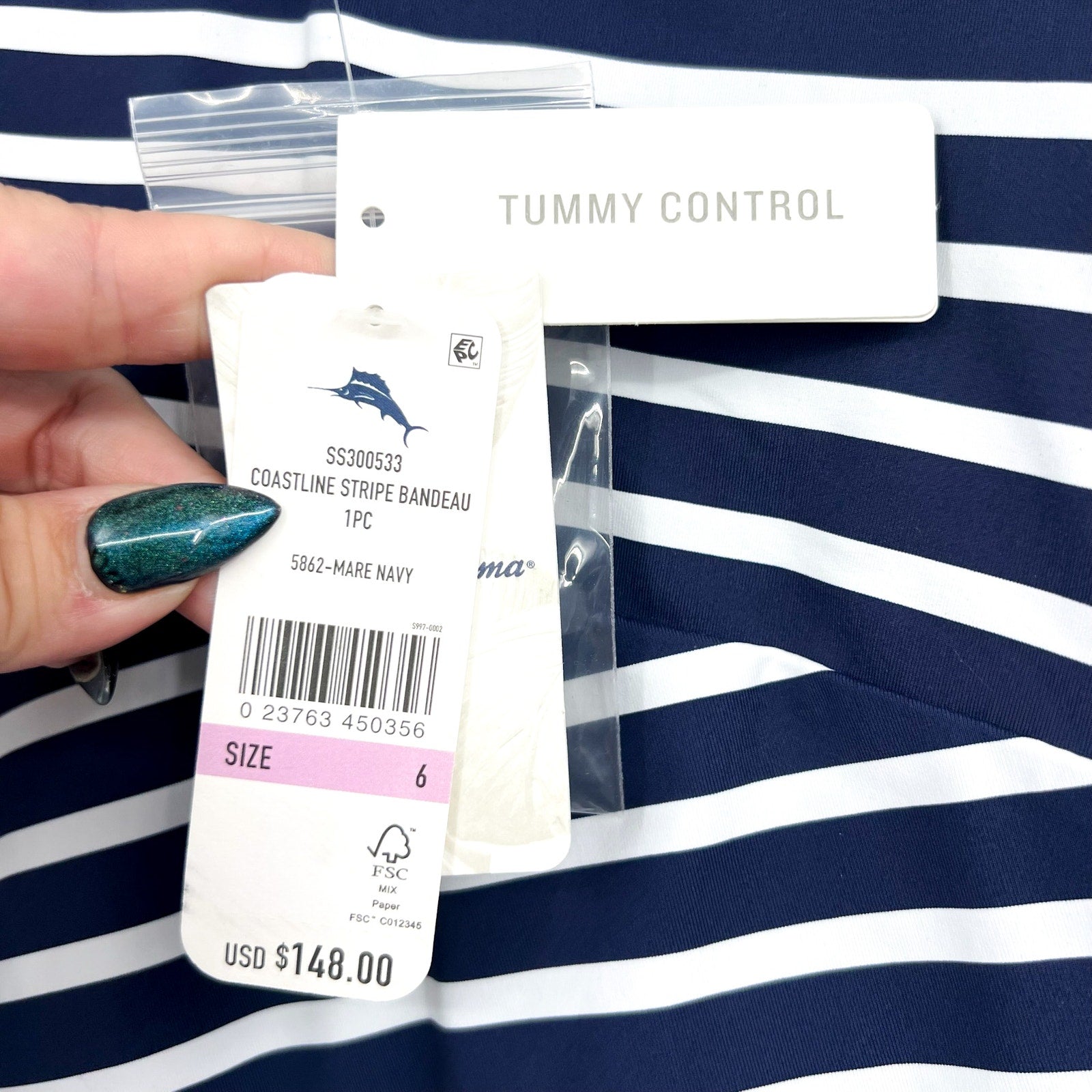 TOMMY BAHAMA Coastline Stripe Bandeau One Piece Swimsuit Size 6 Blue White NWT