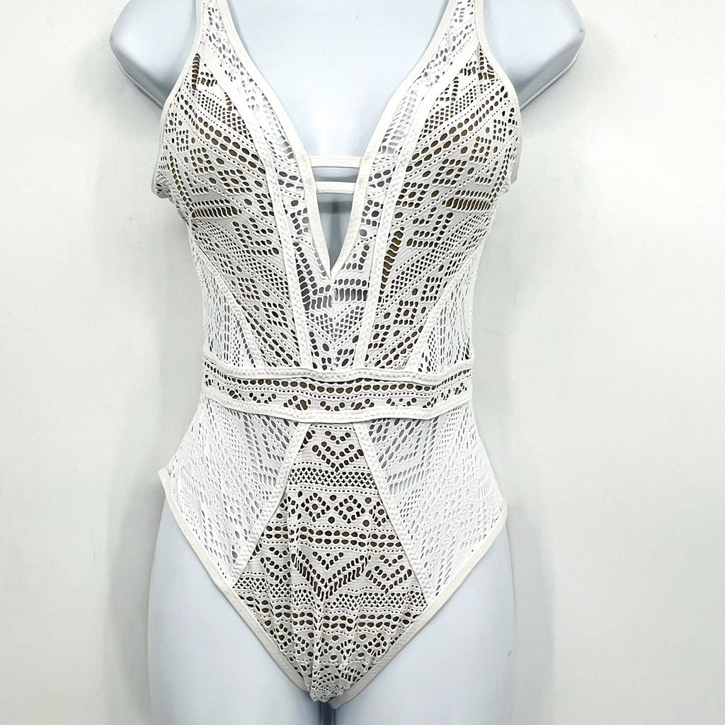 BECCA Women's Color Play Crochet Plunge One-Piece Swimsuit XS White Tan NWOT