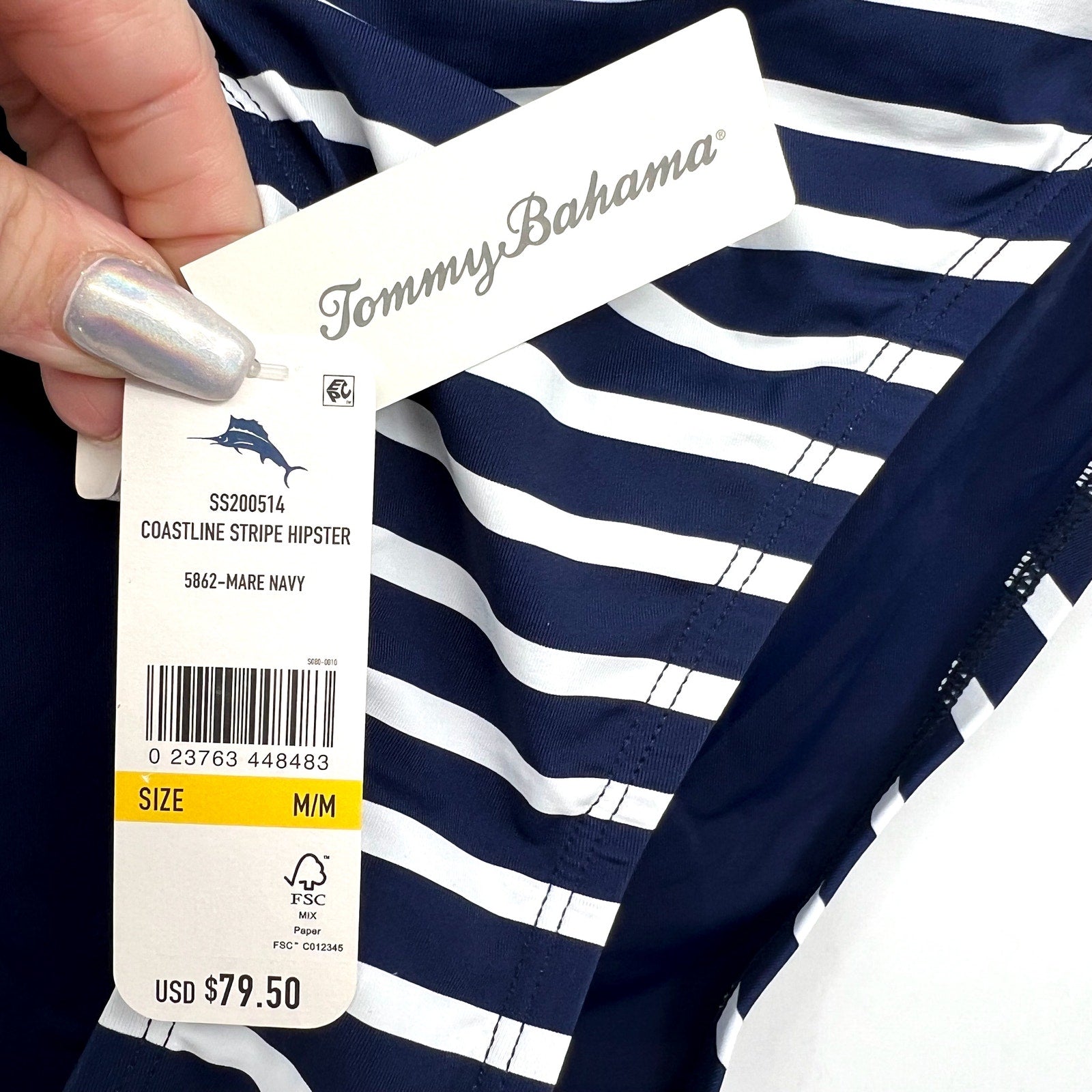 TOMMY BAHAMA Womens Coastline Stripe Hipster Bikini Bottom Medium Blue White NWT