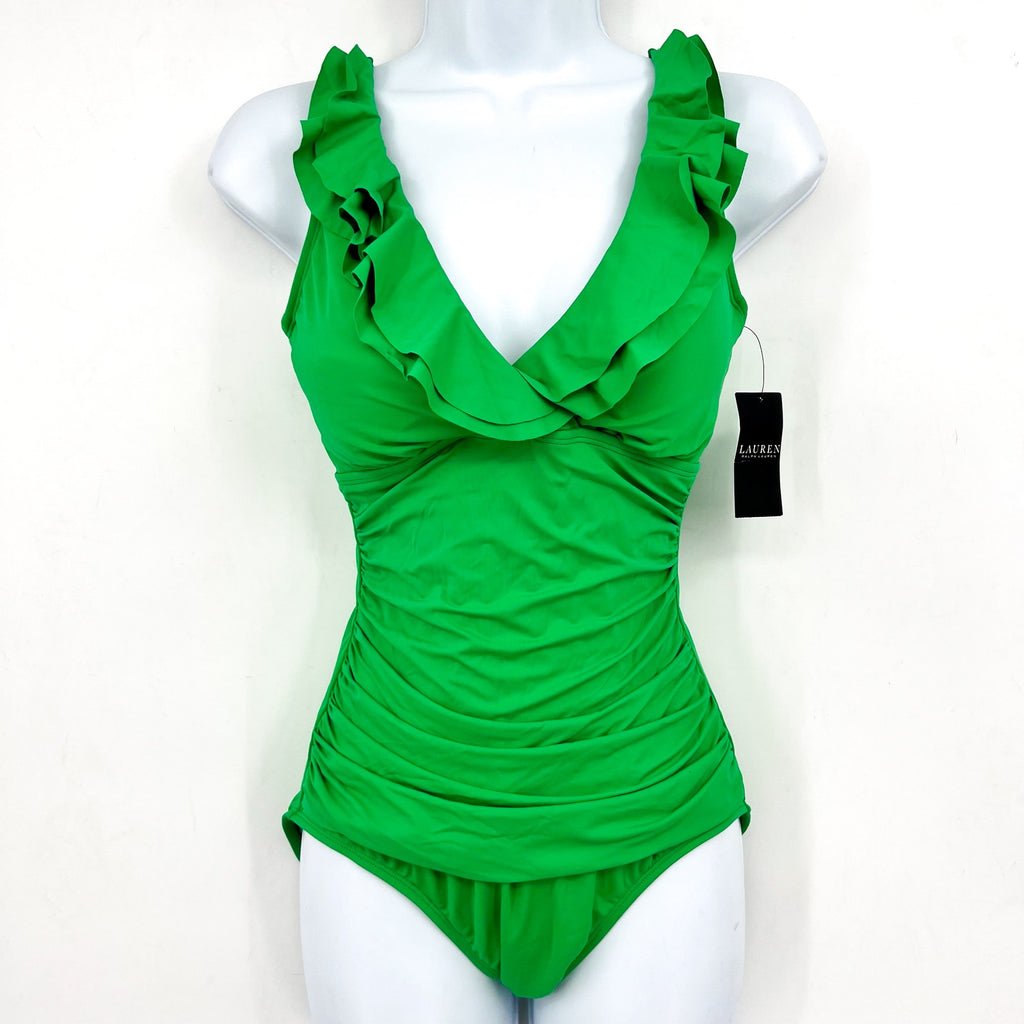 LAUREN RALPH LAUREN Ruffle One Piece Swimsuit Size 4 Palm Green Beach Club NWT