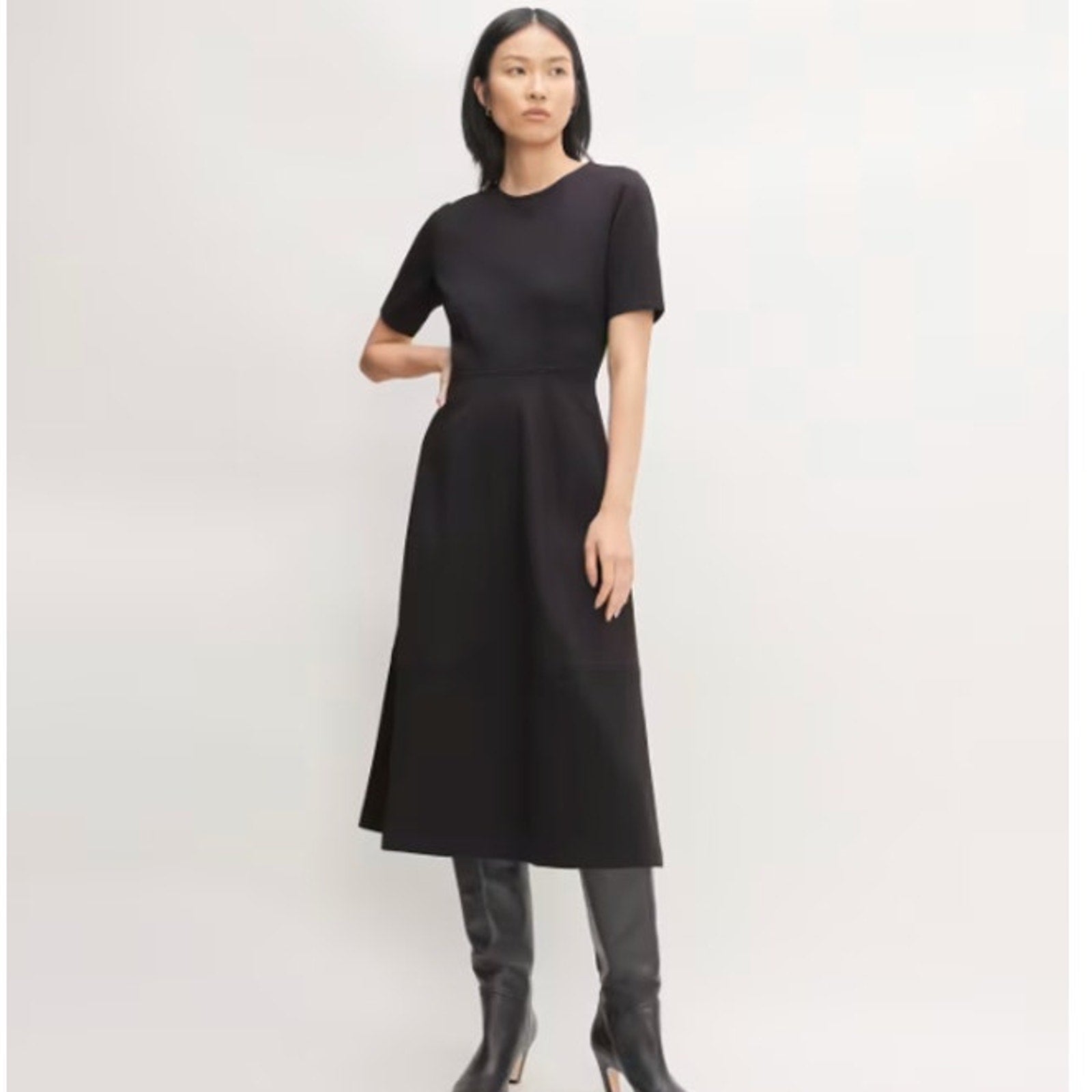 EVERLANE Women's The Dream Short-Sleeve Bell Dress Medium Black Midi NWT