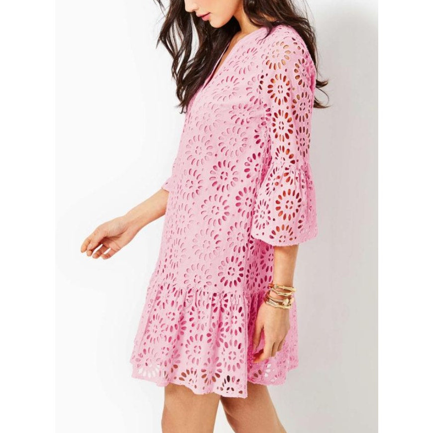 LILLY PULITZER Womens Bekah Eyelet Mini Dress Large Pink Peony Ruffle Hem NWOT