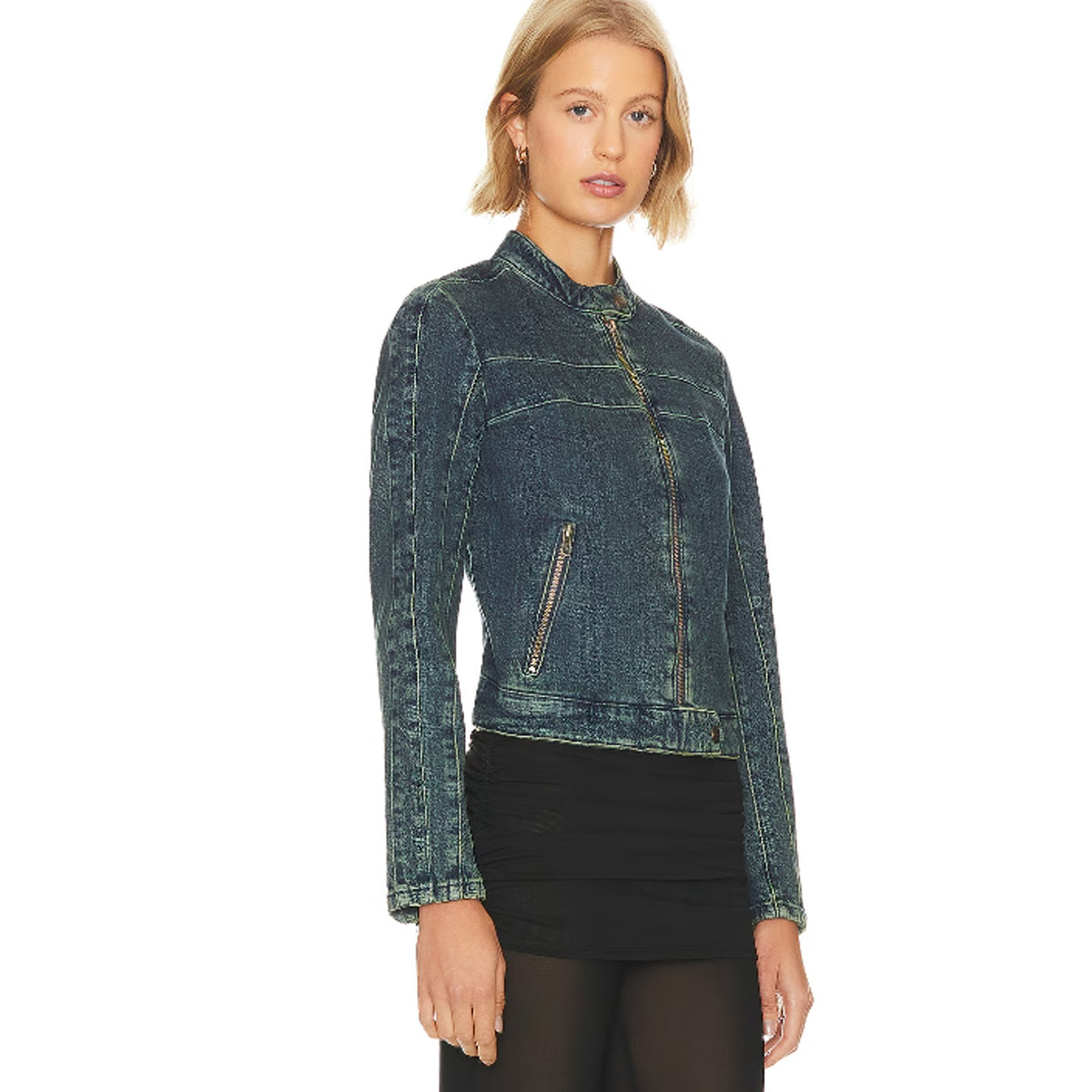 FREE PEOPLE x WE THE FREE Fast Lane Denim Moto Jacket Small Alchemy Blue NWT