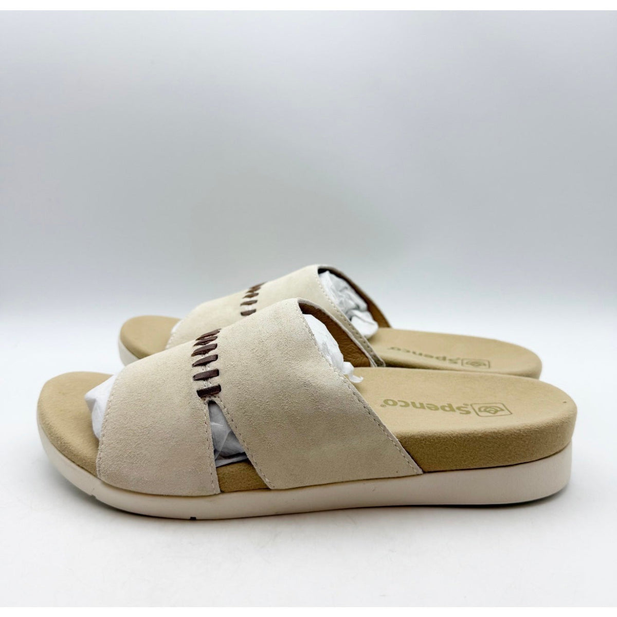 Spenco Womens Twilight Woven Slide Sandals Size 9 Wide Cream Almond Buff Tan NIB