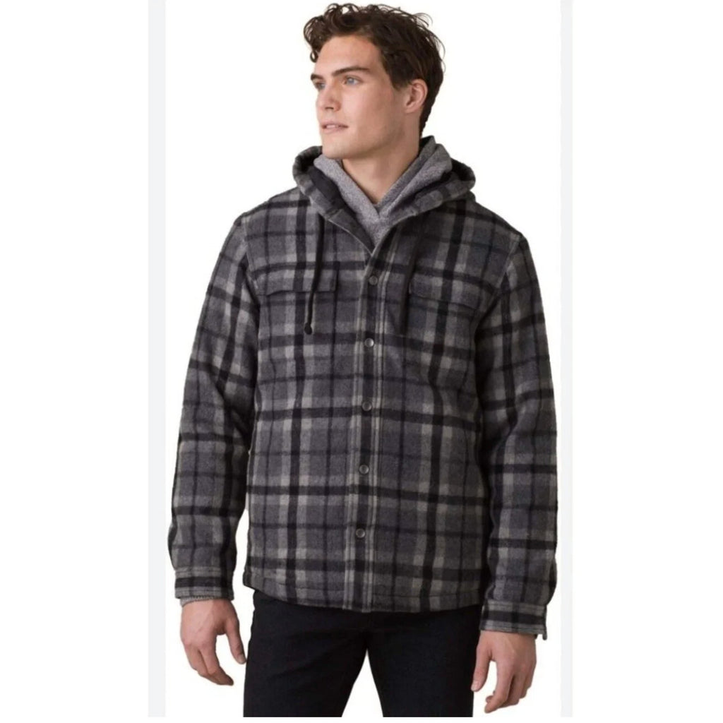 PRANA Men's Asgard Hooded Flannel Shirt Jacket XXL Gray Charcoal Plaid NWT