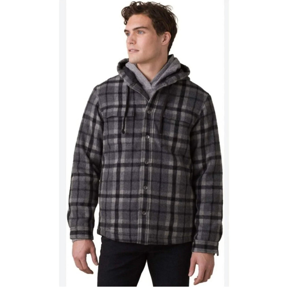 PRANA Men's Asgard Hooded Flannel Shirt Jacket XXL Gray Charcoal Plaid NWT