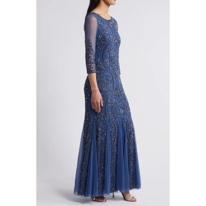 PISARRO NIGHTS Sequin Beaded Illusion Gown Size 2 Navy Blue Maxi Dress NWT