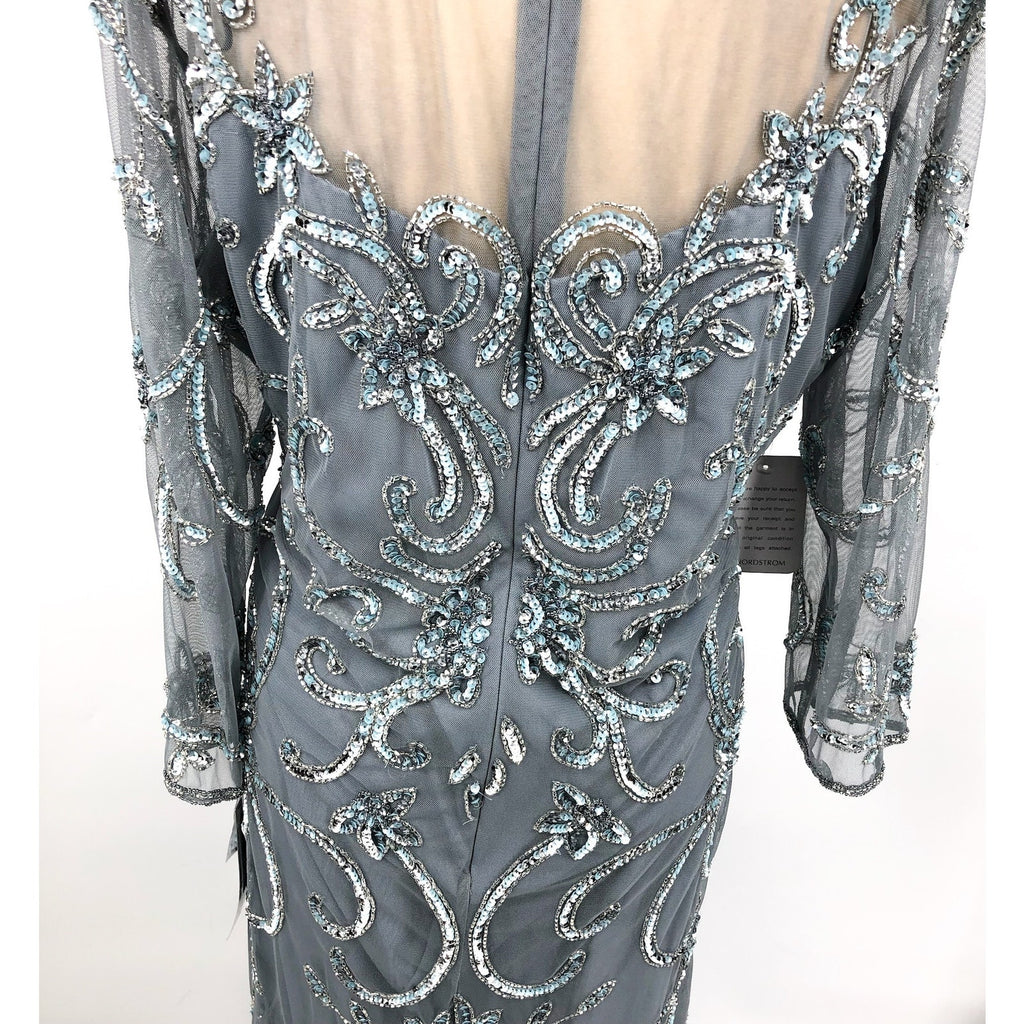 PISARRO NIGHTS Beaded Illusion Neck Gown Size 14 Sky Blue Gray 3/4 Sleeve NWT