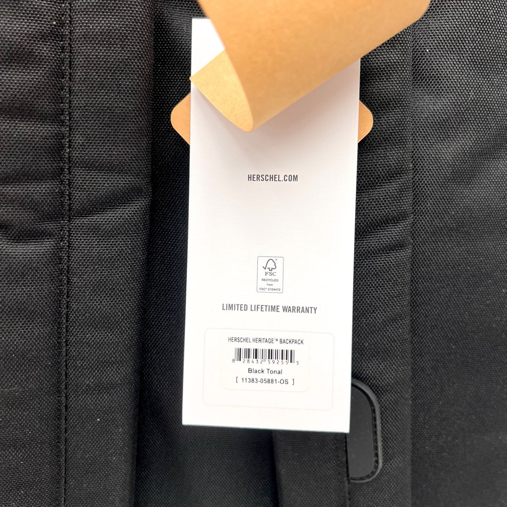 HERSCHEL SUPPLY CO. Heritage Laptop Travel Backpack One Size Black Tonal NWT
