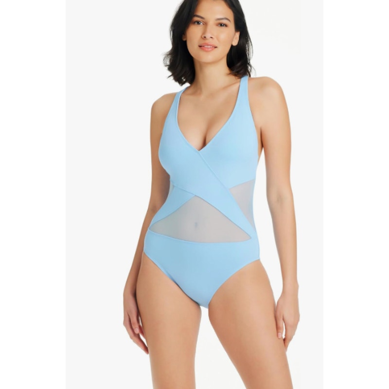 BLEU ROD BEATTIE Don’t Mesh with Me V-Neck One-Piece Swimsuit Size 8 Blue NWT