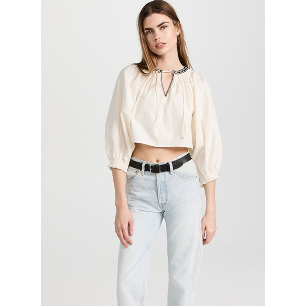 RE/DONE Victorian Cut Off Blouse Medium Vintage Ivory Balloon Sleeve Ruffle NWT
