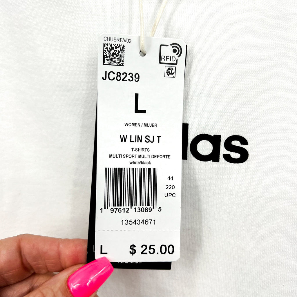 ADIDAS Women's Essentials Linear Single Tee Large White Short Sleeve NWT