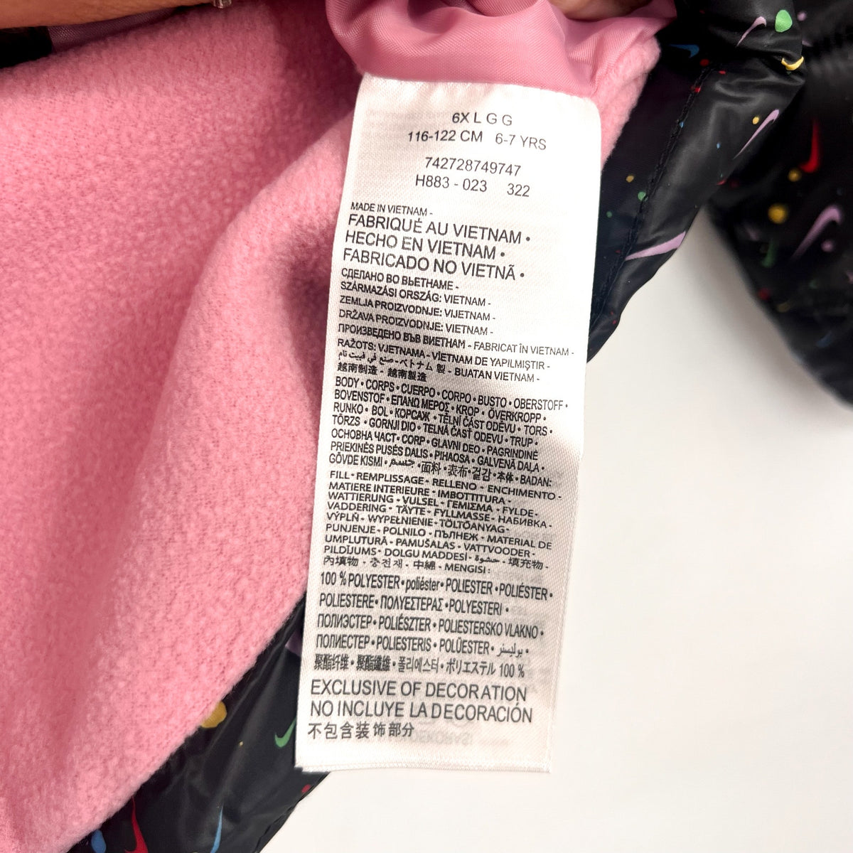 NIKE Girl's Just Do It Printed Puffer Jacket Size 6X Black Confetti NWOT