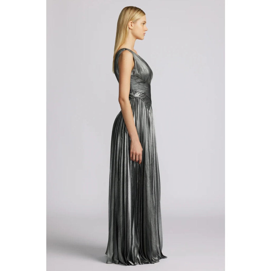 ZAC POSEN Women's Pleated Metallic Chiffon Gown Size 6 Silver Sleeveless NWT