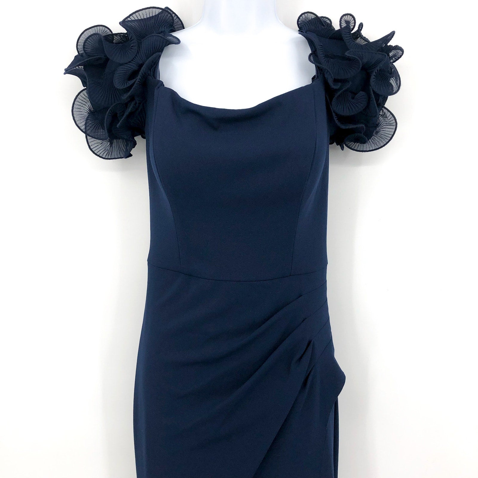 XSCAPE Ashlyn Scuba Crepe Off the Shoulder Long Gown Size 8 Navy Blue Dress NWT