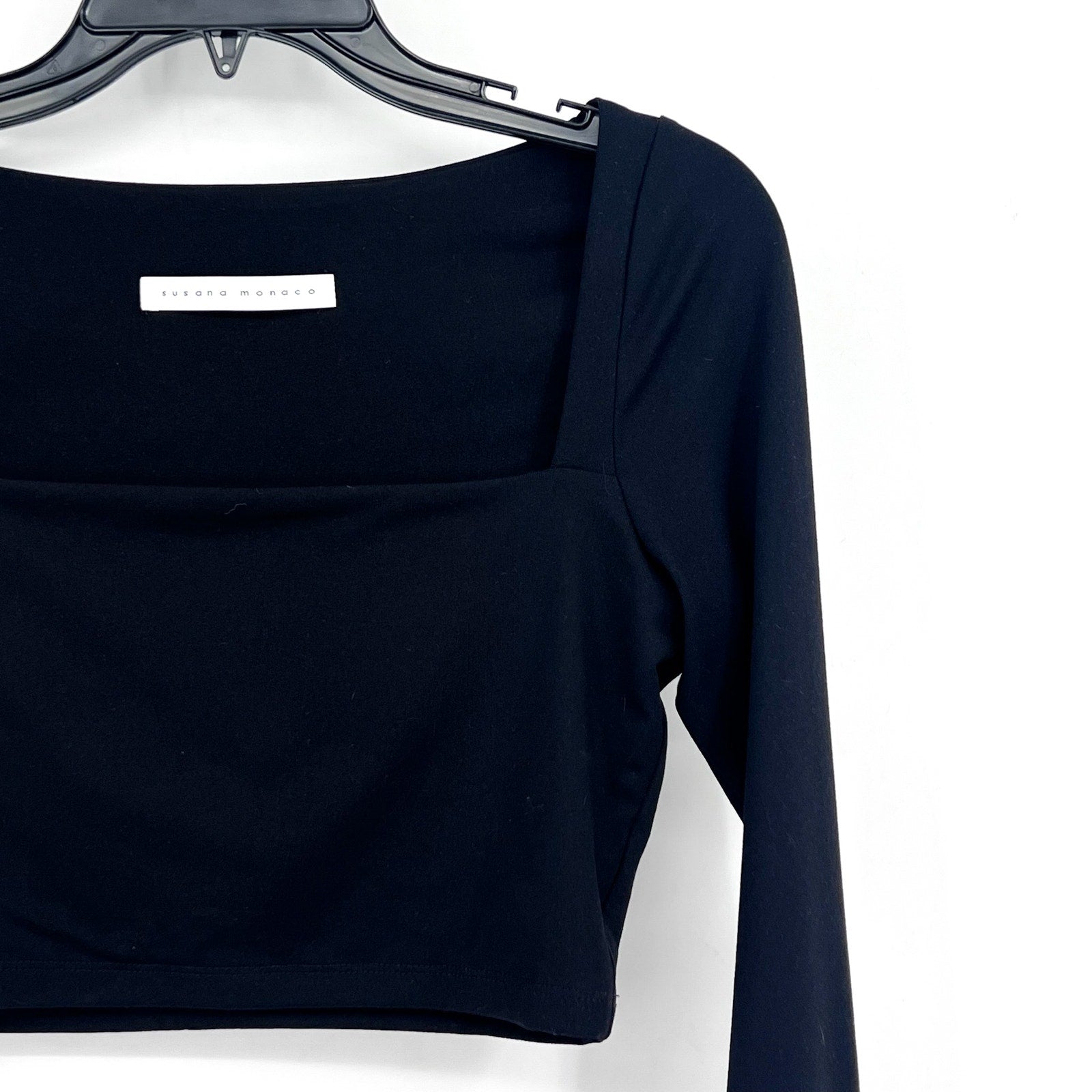 SUSAN MONACO Women's Crop Top Small Black Micro Square Neck Long Sleeve NWOT