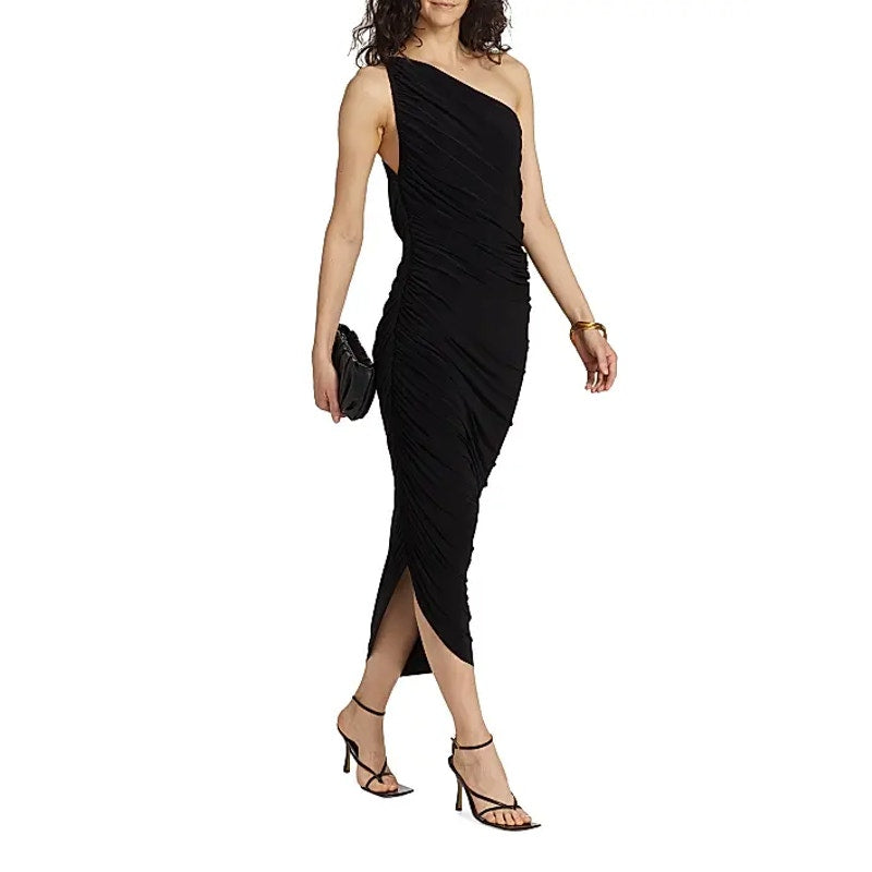 NORMA KAMALI Women's Diana Gown Small 36 Black One Shoulder Asymmetric NWT