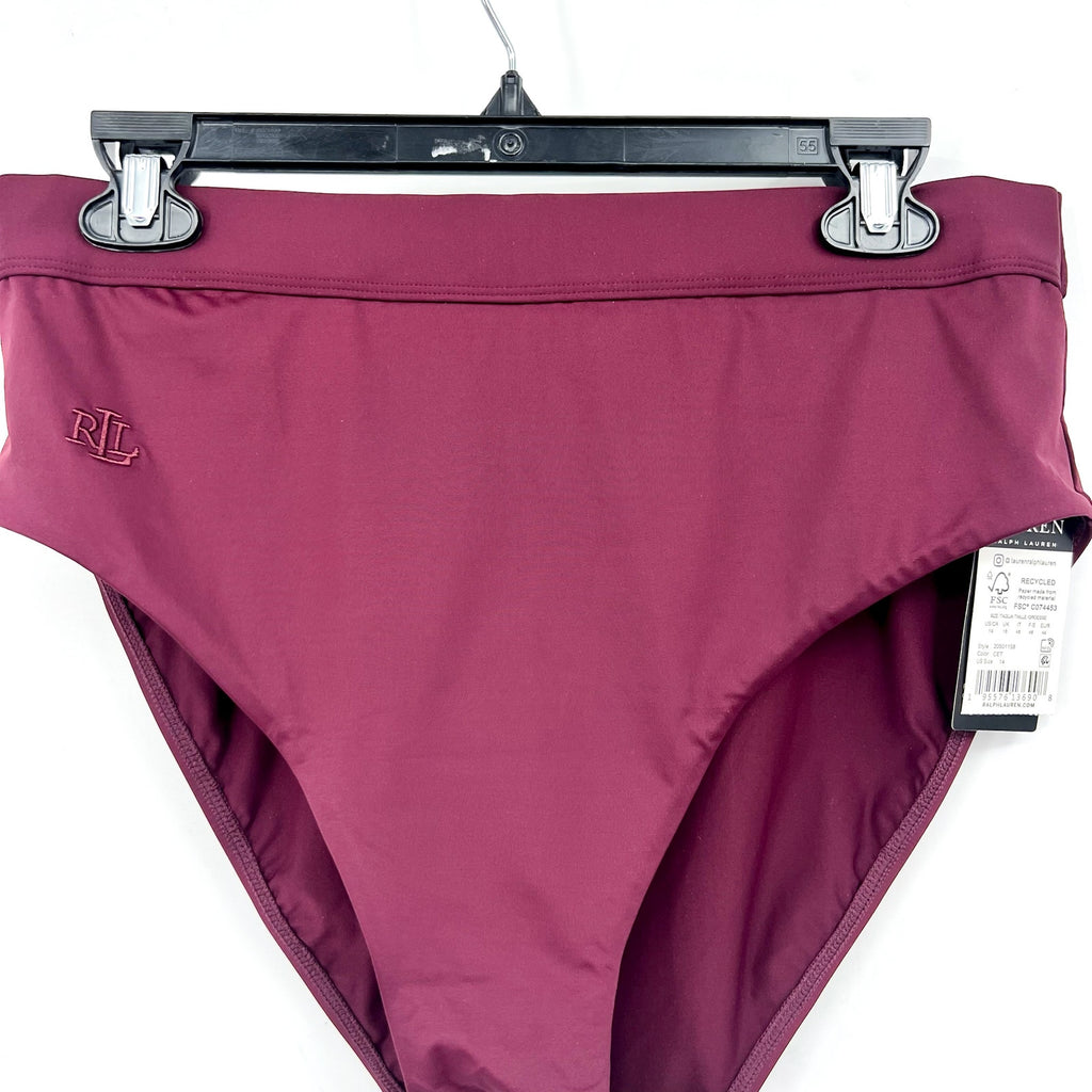 LAUREN RALPH LAUREN Women Banded High Waist Bikini Bottom Size 14 Red Claret NWT