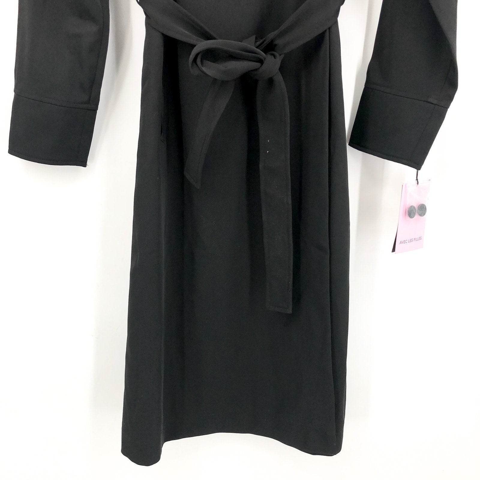 AVEC LES FILLES Womens Drape-Front Trench Coat Medium Black Belted Stretch NWT