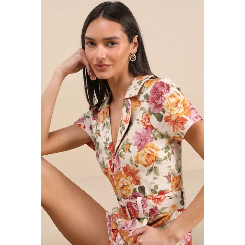 SHOW ME YOUR MUMU Womens Outlaw Romper XS Ivory Floral Denim Belted NWOT