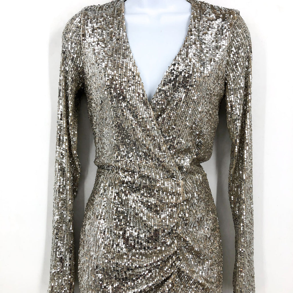 SHOW ME YOUR MUMU Party Hop Dress XS Silver Platinum Sequins Long Sleeve NWT