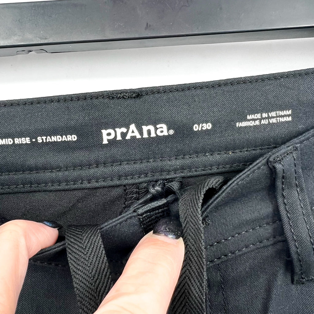 PRANA Women's Zion Halle Pants Size 0 Black Straight Leg 30" Inseam Stretch NWT