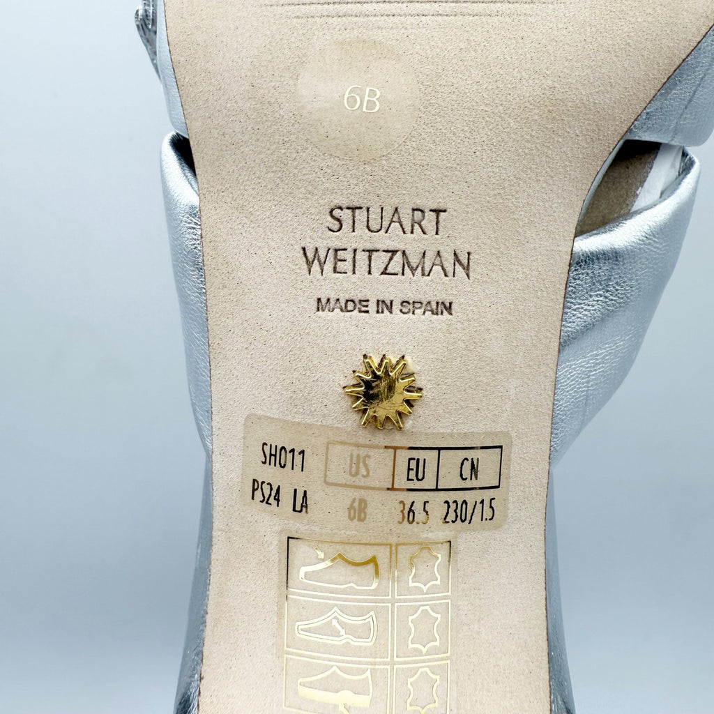 Stuart Weitzman Womens Sofia 45 Slide High Heels Size 6 Silver Leather Bow NIB
