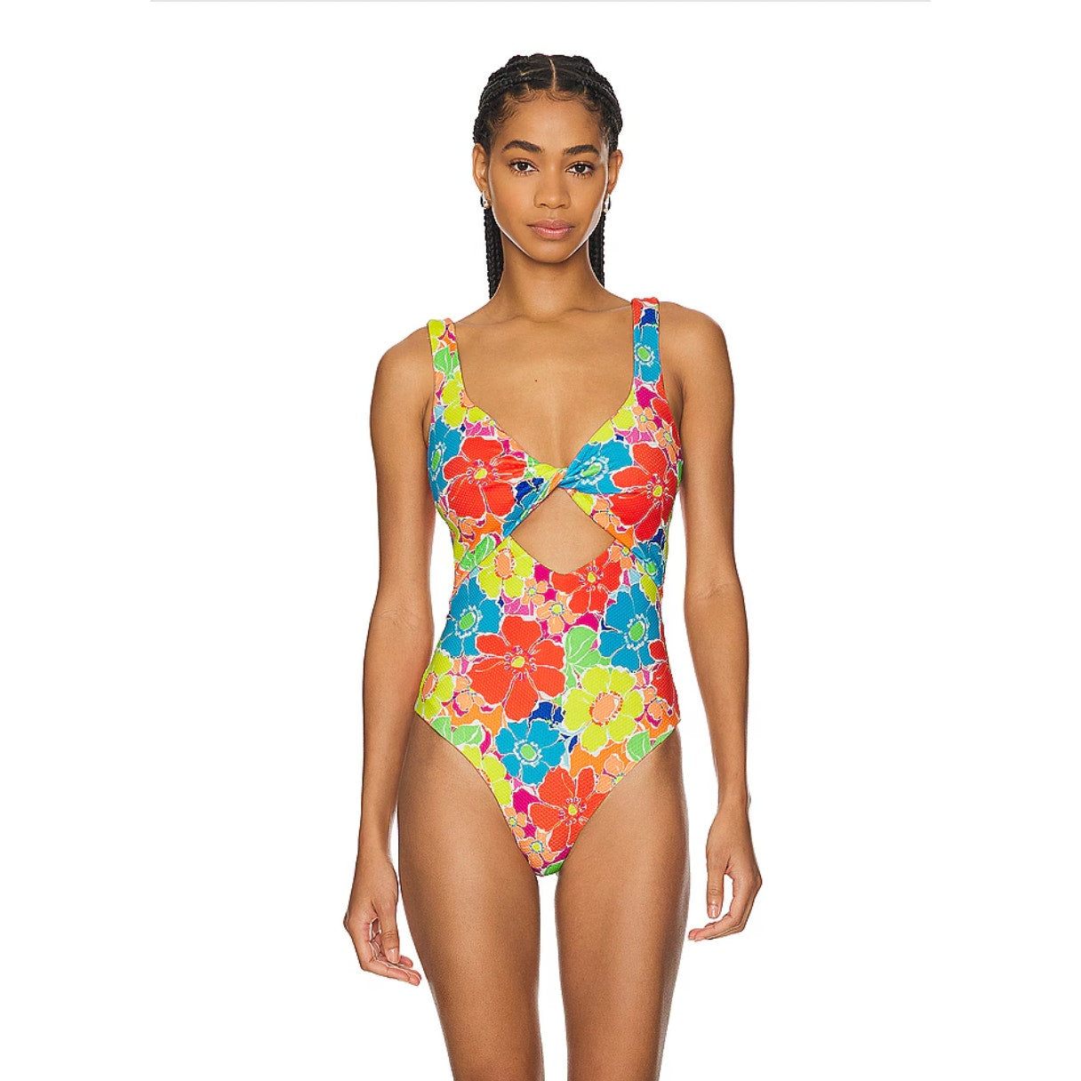 BEACH RIOT Tyler One Piece Swimsuit Large Yellow Neon Blooms Waffle Cut Out NWT