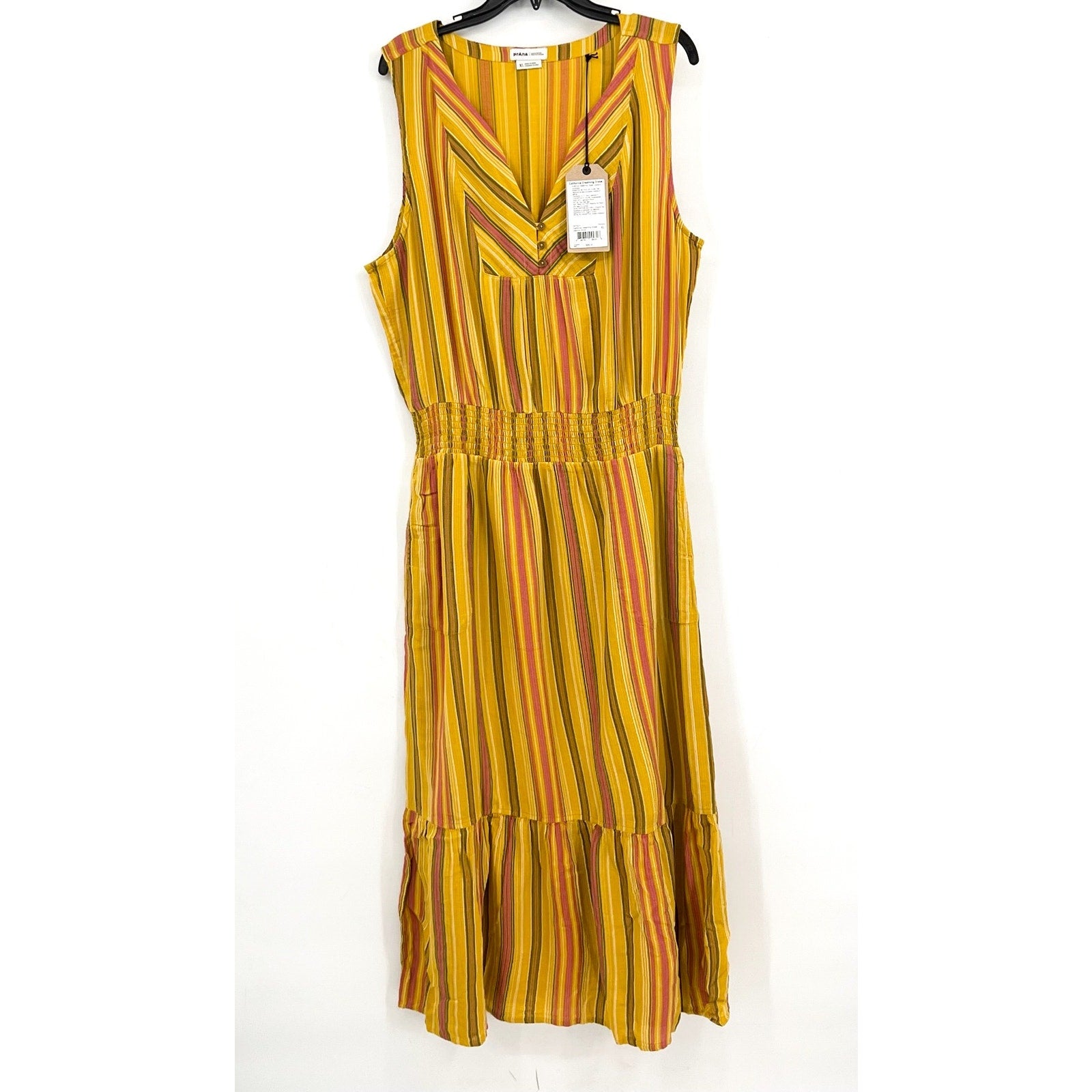 PRANA California Dreaming Midi Dress XL Yellow Stripe Sleeveless Cotton NWT