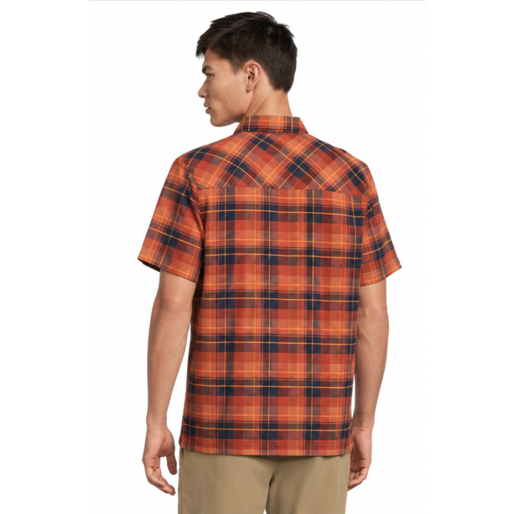 L.L.BEAN Mens SunSmart Cool Weave Short Sleeve Shirt Orange Blue Plaid NWT
