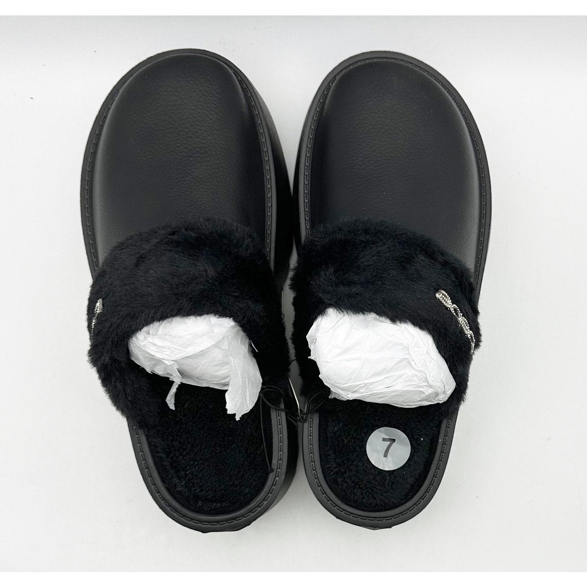 BEBE Women's Platform Slides Size 7 Black Faux Fur Collar Rhinestone Logo NWOB
