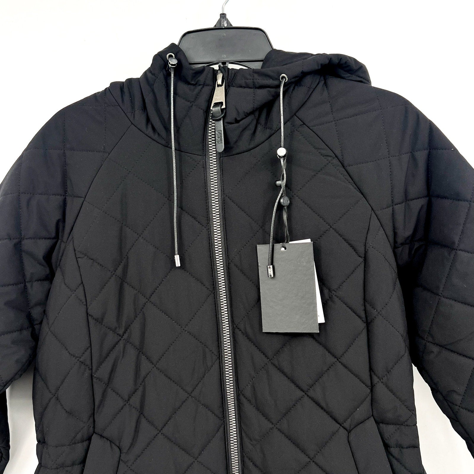 DKNY Womens Diamond Quilted Jacket XS Black Hooded Mid-Length NWT