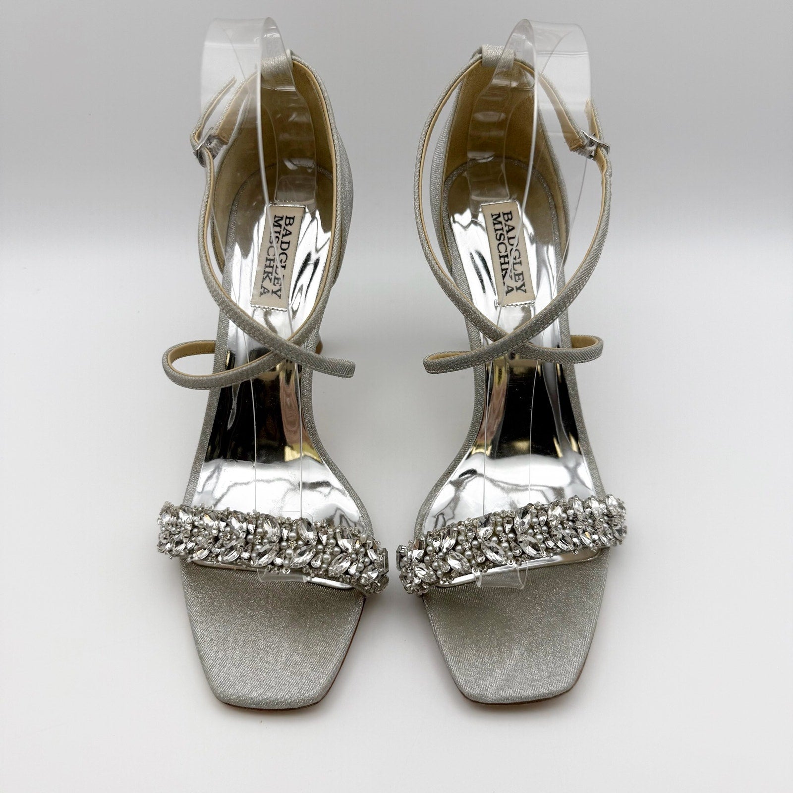 Badgley Mischka Womens Nala Glitter Strappy Heels US 8 Silver Satin NWOB
