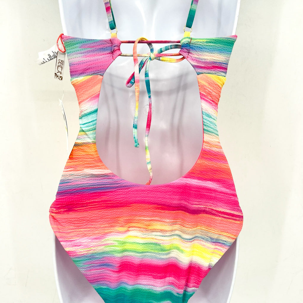 BECCA Women's Verano Plunge Neck One Piece Swimsuit Medium Pink Yellow NWT