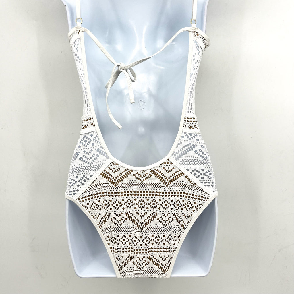 BECCA Women's Color Play Crochet Plunge One-Piece Swimsuit XS White Tan NWOT