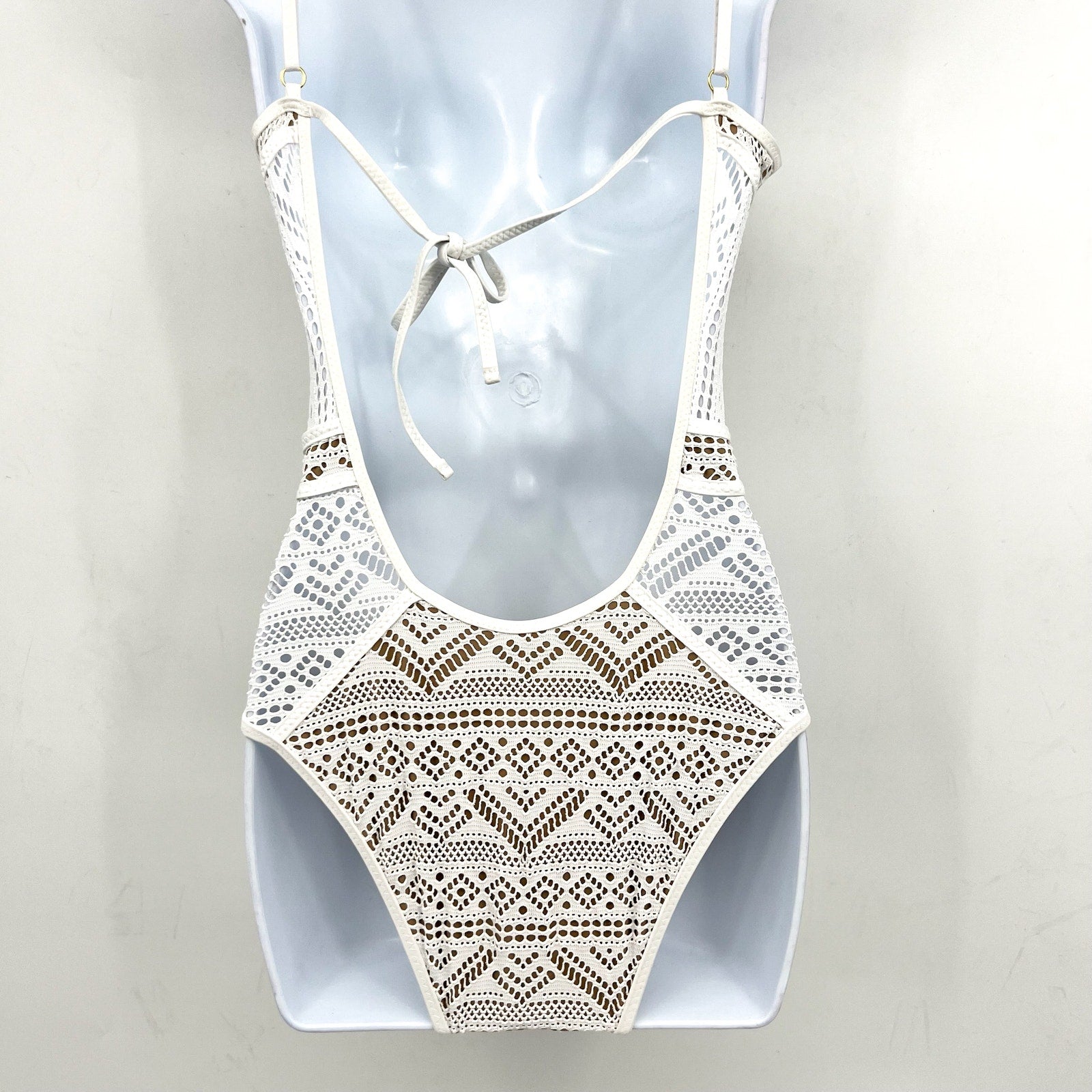 BECCA Women's Color Play Crochet Plunge One-Piece Swimsuit XS White Tan NWOT