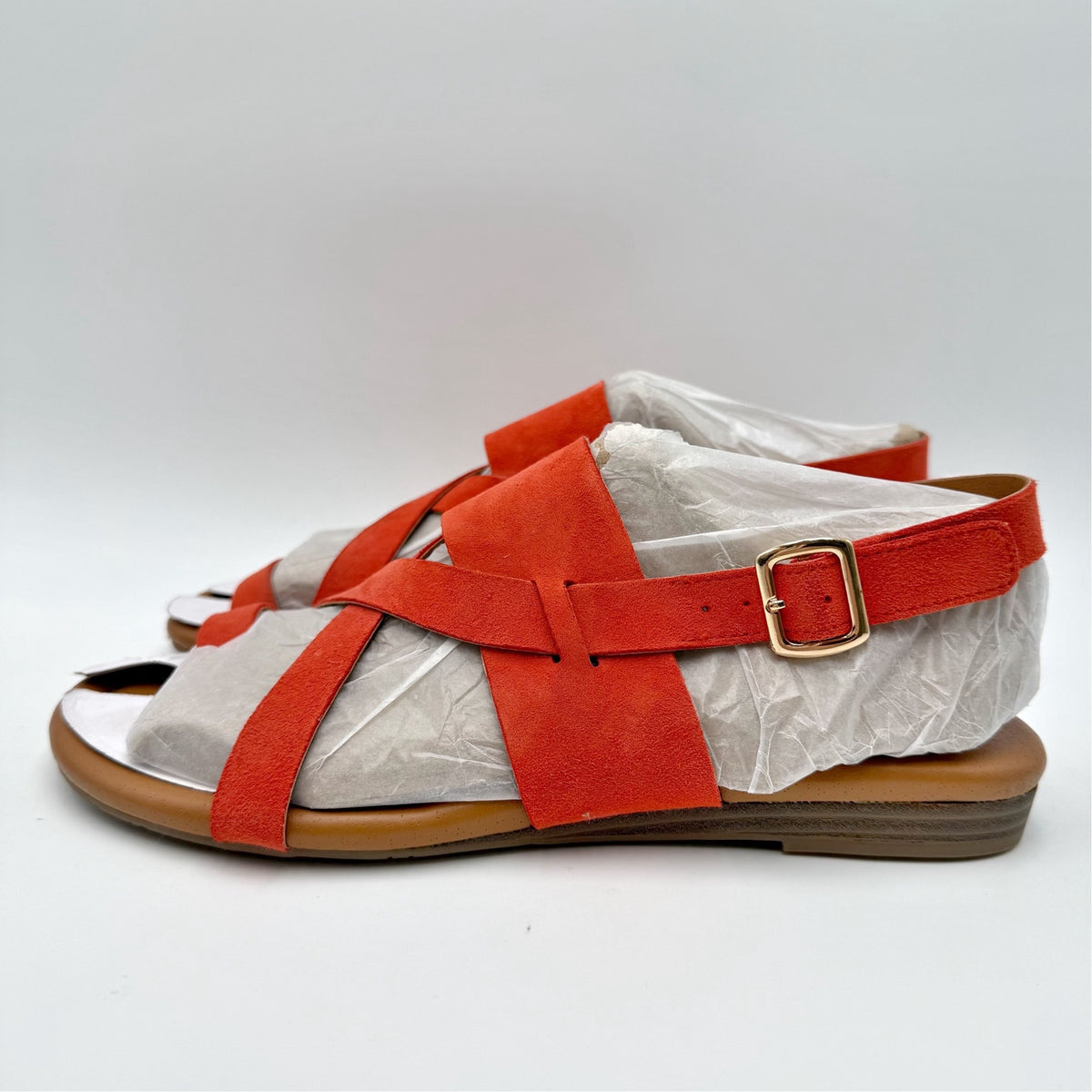 Franco Sarto Womens Gia Flat Sandals Size 7.5 M Orange Red Coral Suede NWOB