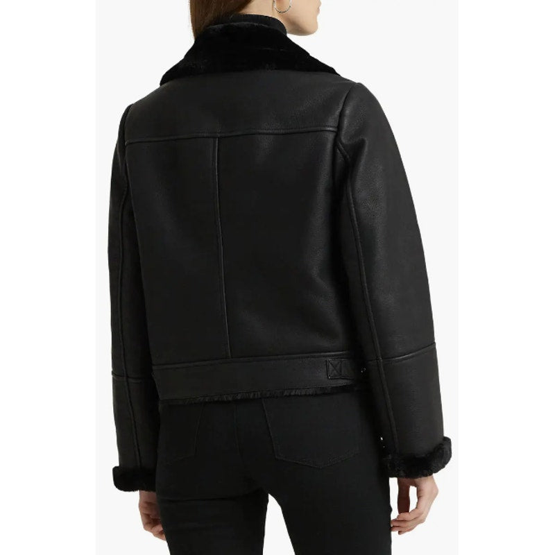 LAUREN RALPH LAUREN Womens Moto Jacket XL Black Faux Leather Shearling NWT