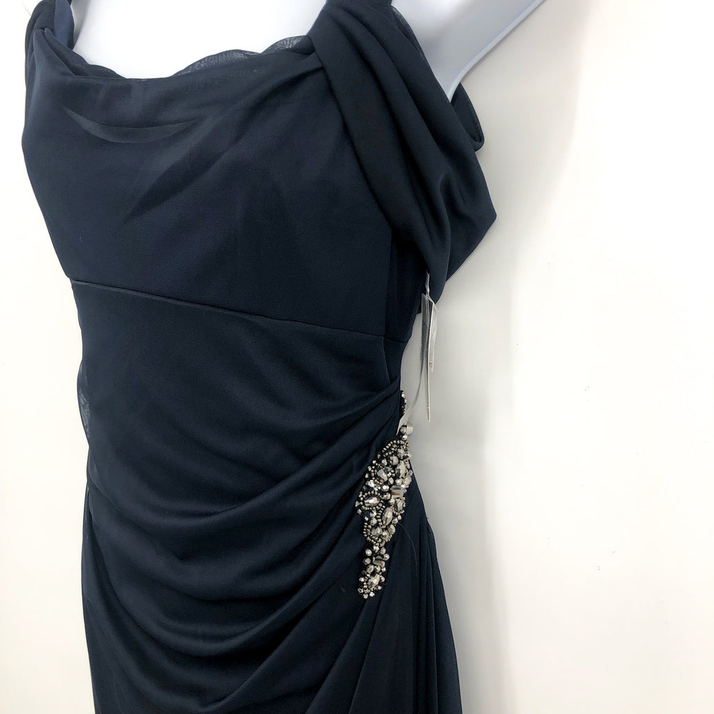 ALEX EVENINGS 132902 Grecian Gown Size 6 Navy Blue Jewel Accent Dress NWT