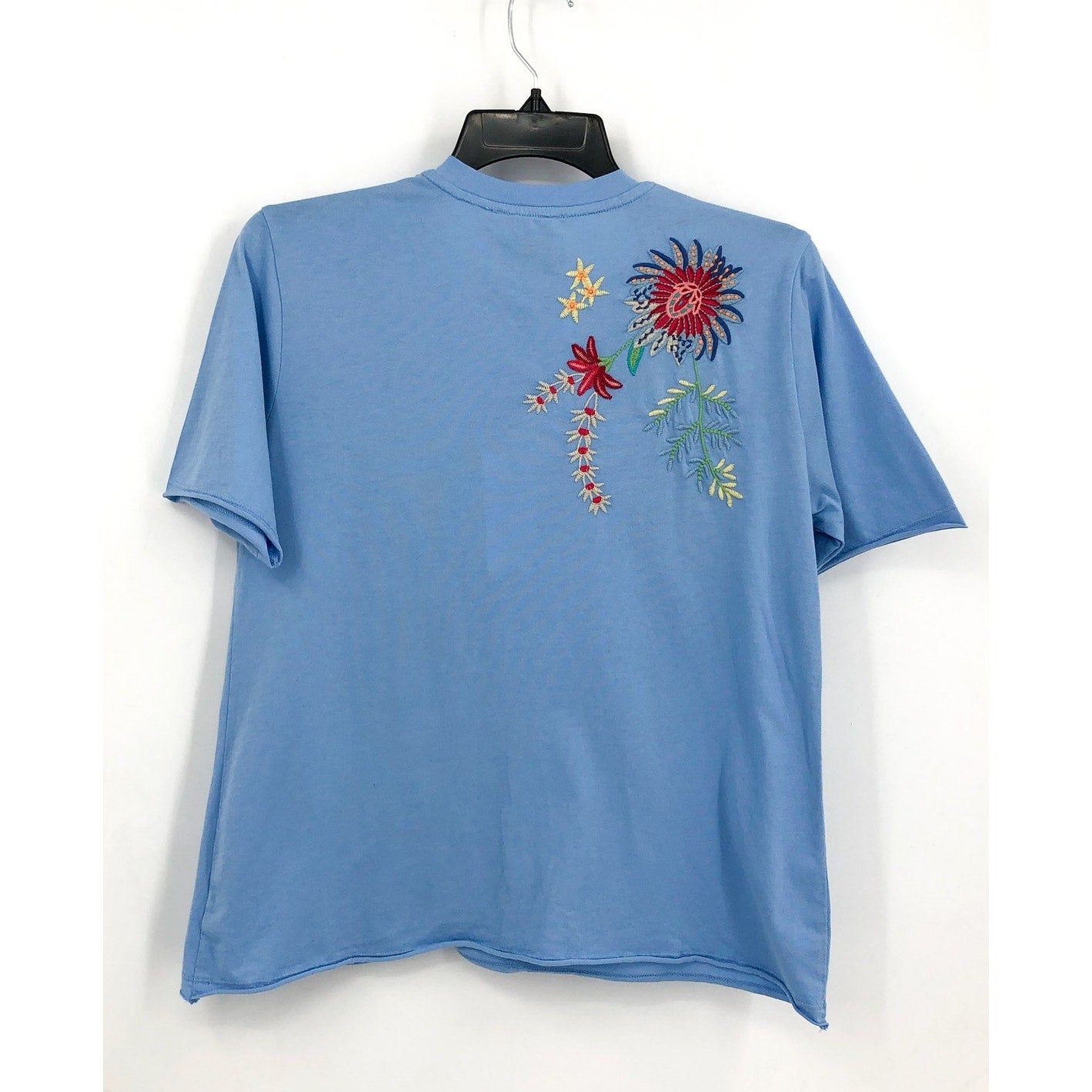 JOHNNY WAS Womens Raw Seam T-Shirt Small Blue Ishani Embroidered Floral NWT