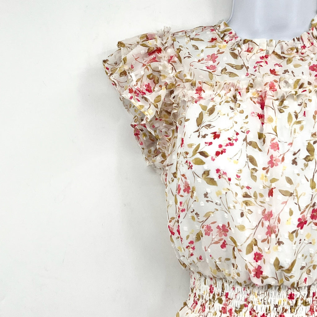 CECE Women's Short Ruffle Front Dress XS White Pink Peony Floral Print NWT