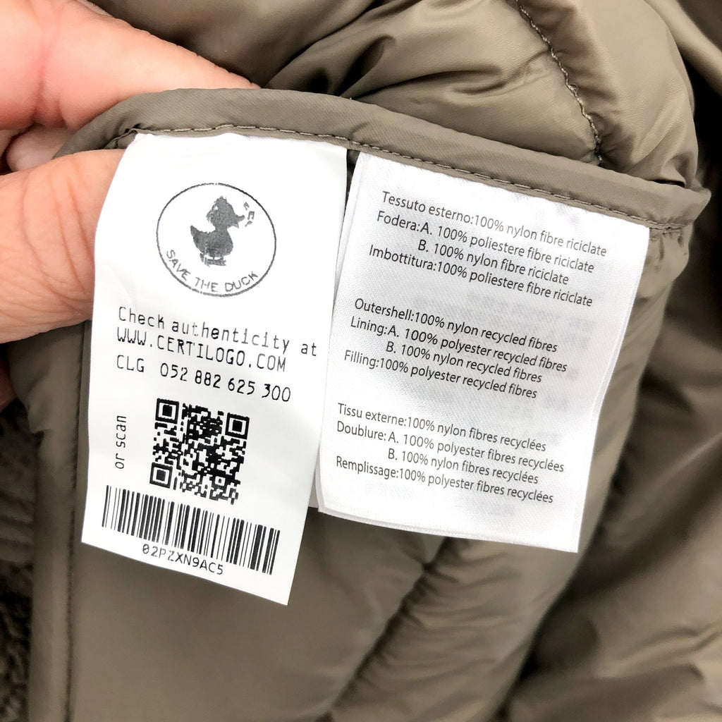 SAVE THE DUCK Joanne Hooded Longline Puffer Jacket Large Size 12 Grey Taupe NWT